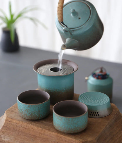 Kiln-Change Vintage Spring Green Pottery Tea Set – 1 Pot & 4 Cups, Simple Small Set for Outdoor or Tea Room