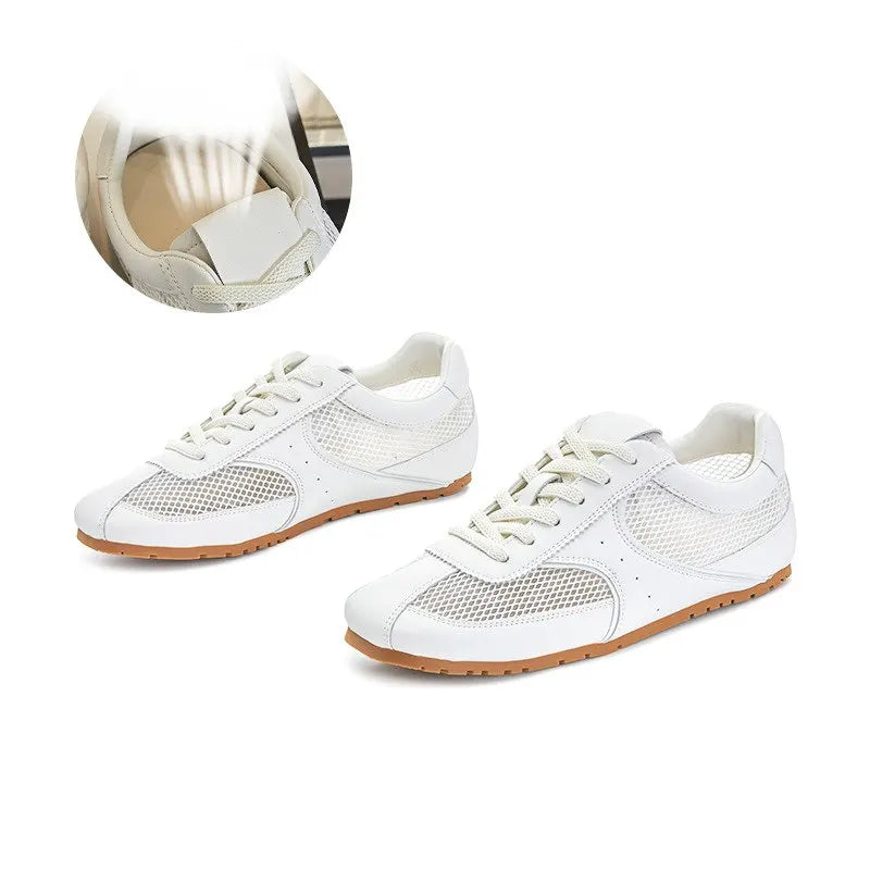 MORAZORA 2025 Women’s Split Leather Sneakers – Lace-Up Fashion Casual Flats in Beige & Pink