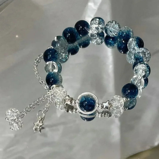 Star Chain Tassel Bracelet for Women – Fantasy Blue Crystal Beads on Elastic Rope, Perfect Gift for Best Friends