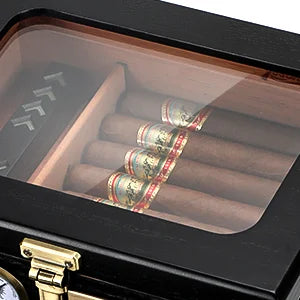 Cedar Wood Cigar Humidor – Glass Top Desktop Cigar Box with Front Hygrometer, Humidifier, Divider, and Accessories Drawer