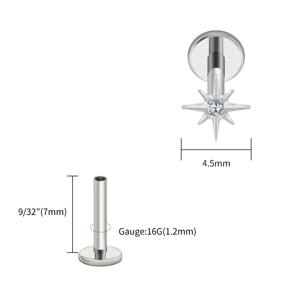 Right Grand ASTM F136 Titanium CZ North Star 16G Flat Back Earring – Tiny Starburst Helix, Cartilage & Earlobe Stud Piercing Jewelry