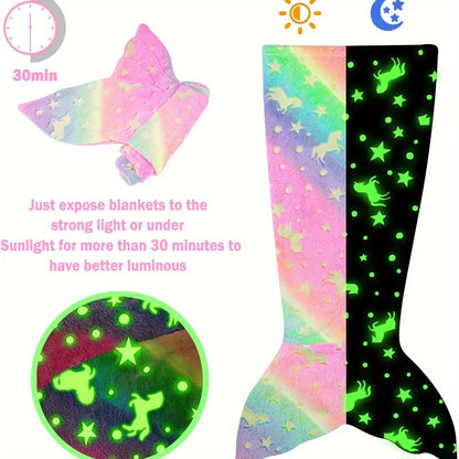 Cartoon Rainbow Unicorn Mermaid Tail Blanket — Super Soft Glow-in-the-Dark Flannel Blanket, Perfect Gift for Girls