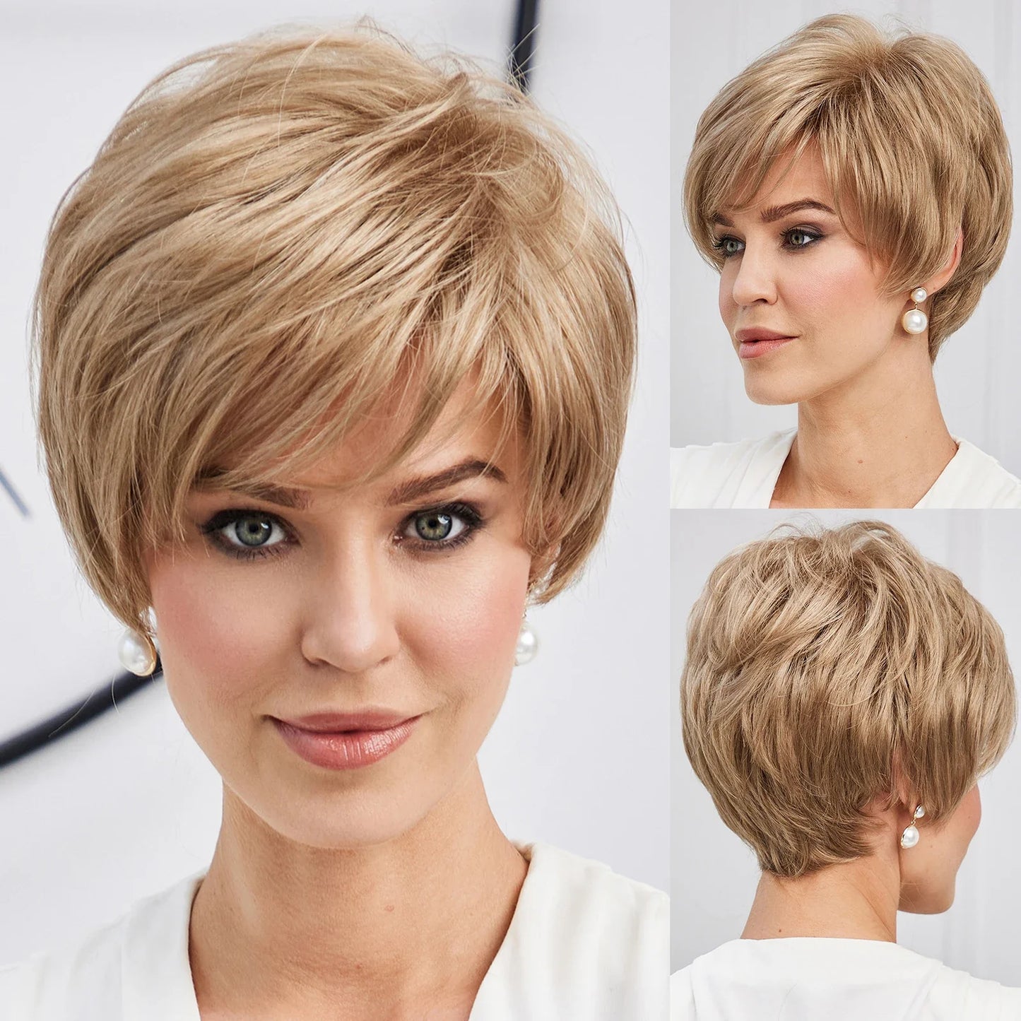 Light Blonde Mixed Off-White Pixie Cut Wig for Women – Bangs with Kanekalon Human-Hair-Like Texture, Natural Layered Hair