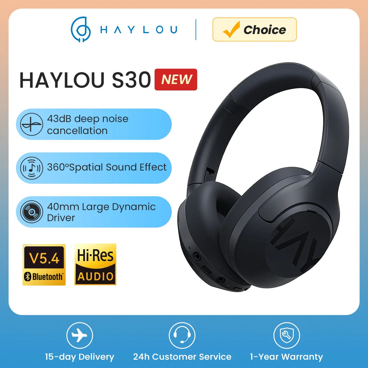 HAYLOU S30 Wireless Bluetooth 5.4 Headphones - 43dB Adaptive Noise Cancelling, 40mm Driver, 80H Playtime Earphones