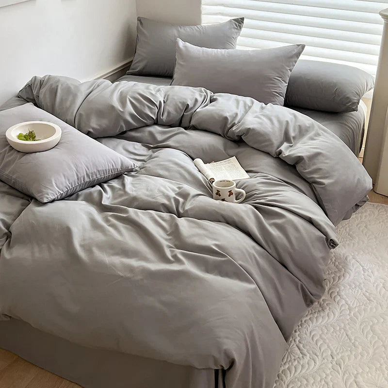 Solid Cotton Bedding Set - Sheet, Duvet Cover & Pillowcase, Single/Double/Twin/King/Queen Size