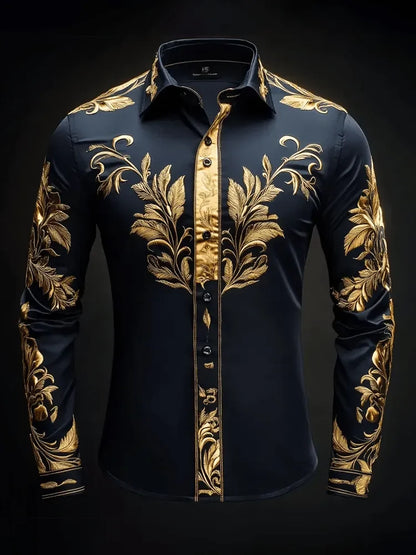 Men’s Geometric Diamond Wings Shirt - Orange Bottom Printed Long Sleeve Satin Collar Dress Shirt