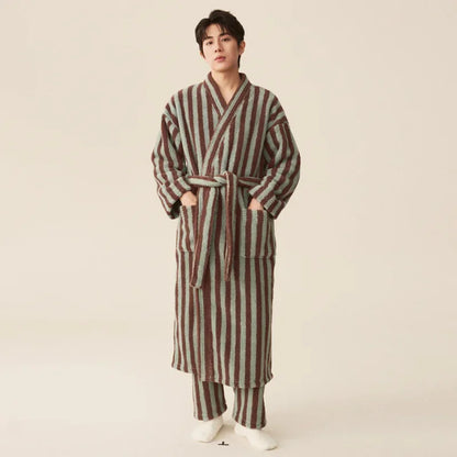 Couple’s Thickened Flannel Pajama Set – Coral Velvet Bathrobe & Striped Pants for Autumn Winter Homewear
