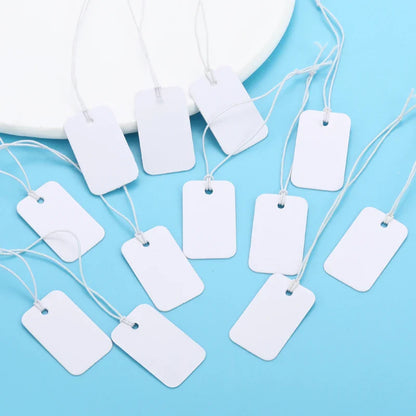 100PCS Small Jewelry Labels — DIY Blank Kraft Paper Tags with White Elastic Line, Multi-Size Price Tags X13