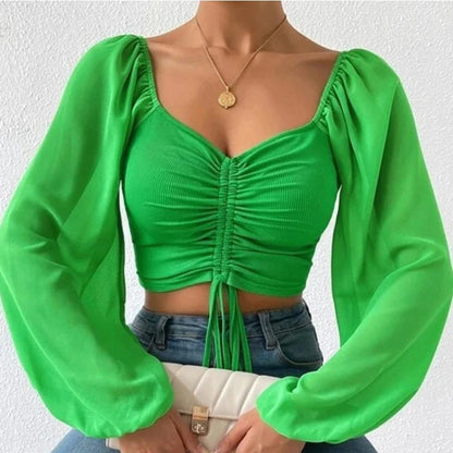 ALLUKASA Sexy Mesh Lantern Sleeves T-Shirt – Drawstring Wrap Chest & Bare Midriff, Women's Long Sleeve Bottoming Top