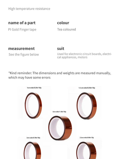 30m Gold Finger High-Temp Polyimide Tape – Anti-Static PET Insulation Tape for Lithium Batteries, Multi-Size Options