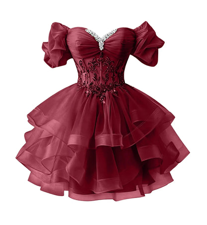 Beaded Lace Homecoming Dress - Short Tiered Tulle Sequin Prom & Quinceañera Gown