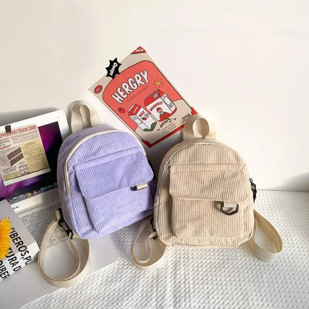 Women's Mini Backpack - Fashionable Solid Color Corduroy Casual Schoolbag with Large Capacity