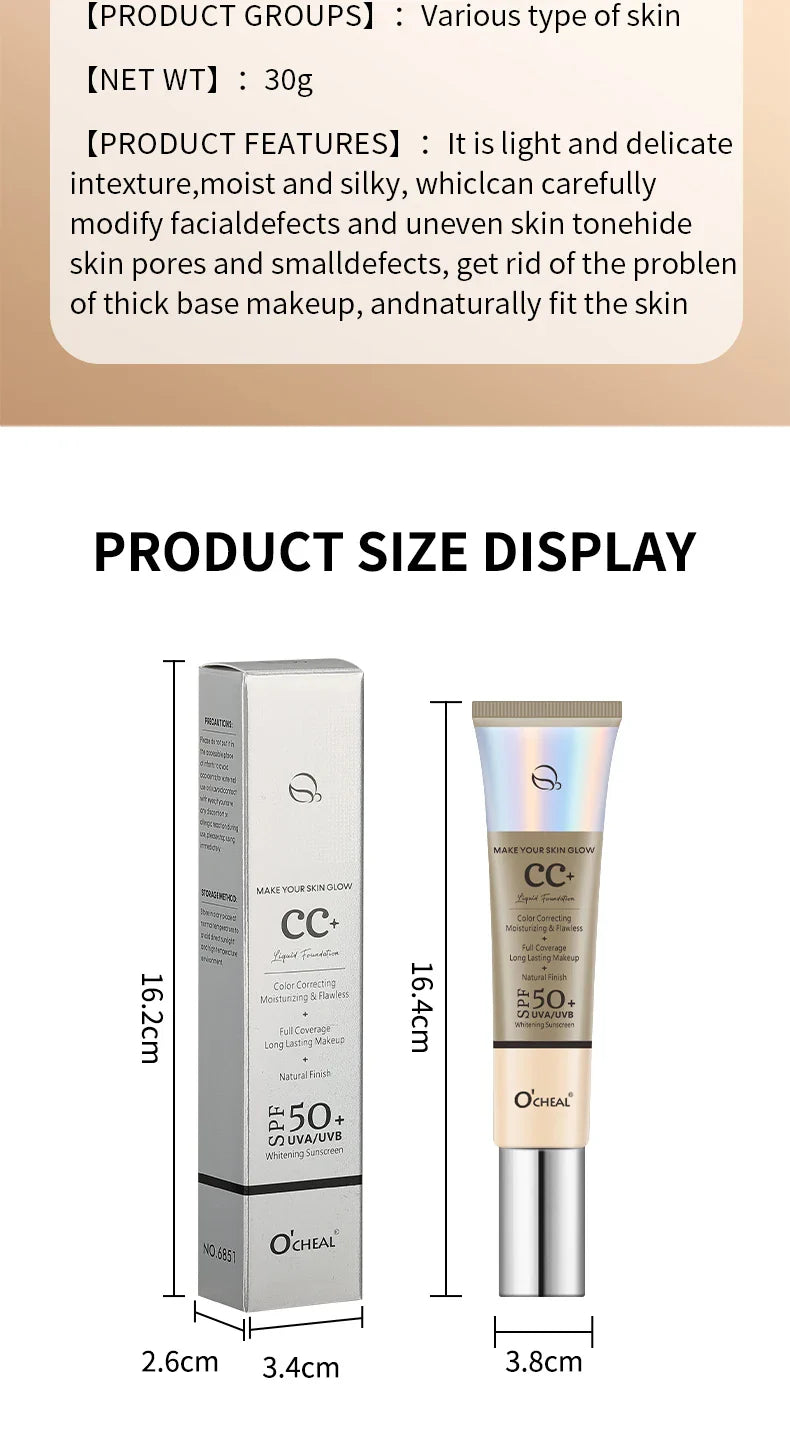 Ocheal 30g CC Cream Foundation – Waterproof Concealer, Moisturizing Sunscreen, SPF 50+, Long-Lasting Brightening Makeup Primer