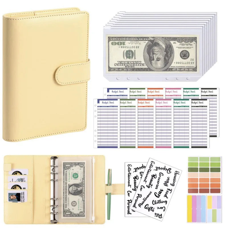 PU Leather Budget Binder with Cash Envelopes – A6 Planner Organizer, Zip Pockets for Saving Money, Small French Budget Pouch