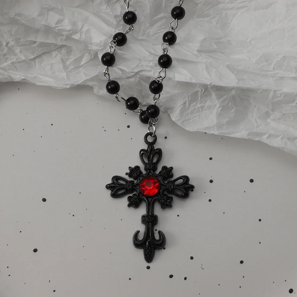Gothic Bat Cross Necklace Set - Y2K Thorn Love Black Beaded Layered Jewelry for Halloween Parties