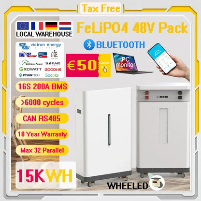 LiFePO4 48V 300Ah 15kWh Portable Battery Pack – 16S 200A BMS, Wheeled Design, 51.2V Lithium, Ships from EU
