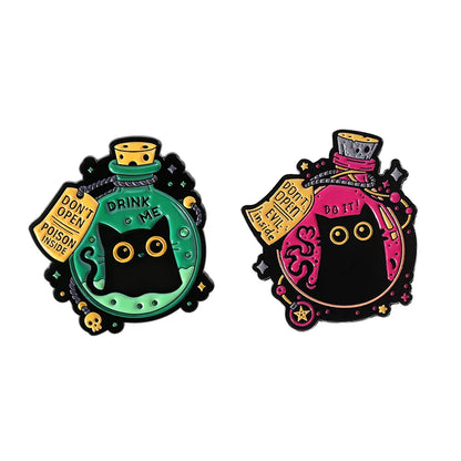 Cute Big-Eyed Black Cat Enamel Pin – Elf Magic Potion Animal Brooch for Halloween Jewelry Gift