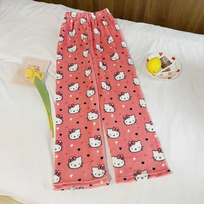 Kawaii Hello Kitty Flannel Pajama Pants – Warm Woolen Anime Trousers for Women, Cute Autumn Loungewear Gift