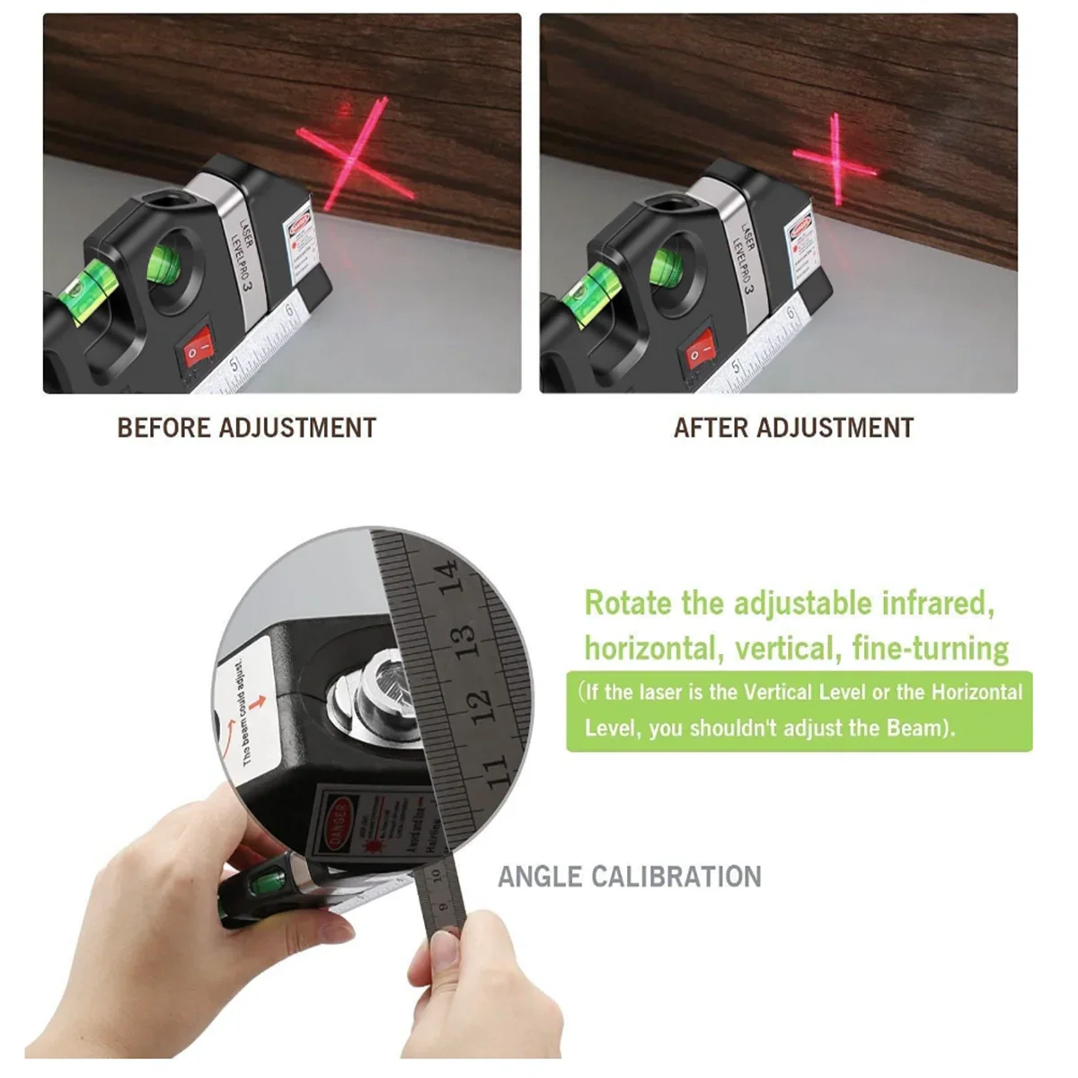 Multipurpose Line Laser Leveler Tool - Cross Line Lasers with 8FT 2.5M Standard Measure Tape and Metric Rulers