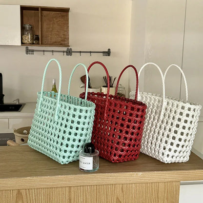 Hylhexyr Handheld Woven Shoulder Bag – PVC Tote for Vegetables, Beach, Picnic & Vacation, Women’s Handbag