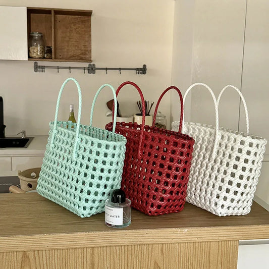 Hylhexyr Handheld Woven Shoulder Bag – PVC Tote for Vegetables, Beach, Picnic & Vacation, Women’s Handbag