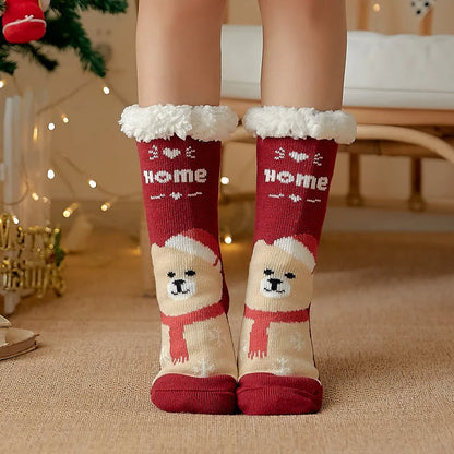 Women’s Winter Plush Socks – Soft Fuzzy Non-Slip Floor Slippers with Penguin, Deer, Elk & Bear, Cozy Christmas Gift
