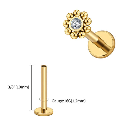 Right Grand ASTM F136 Titanium 16G Mini Beaded Sun Labret Stud CZ Flower – Tragus, Helix, Conch & Nose Piercing Body Jewelry