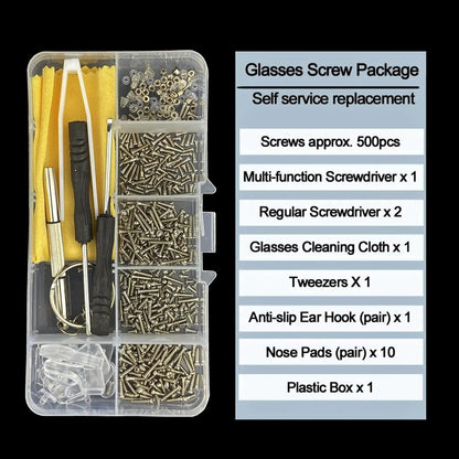 500pcs Eyeglass Repair Kit - Assorted Screws Nose Pads Screwdriver Tools for Glasses and Sunglasses Maintenance