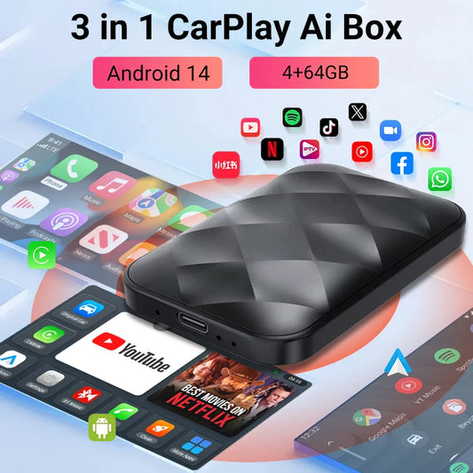Acodo 2025 Android 14 CarPlay AI Box – 3-in-1 Wireless Android Auto USB Adapter & Universal TV Box for YouTube & Netflix Plug and Play