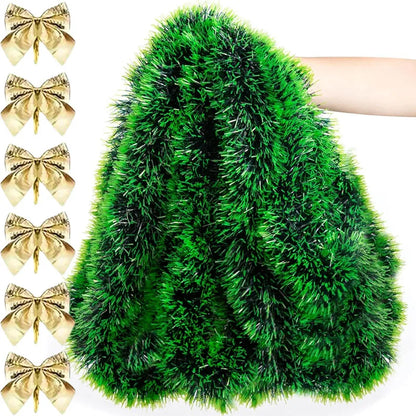 Christmas Bow Tinsel Ribbon Garland – Green Ribbon for Tree, Wreath & Holiday Decor