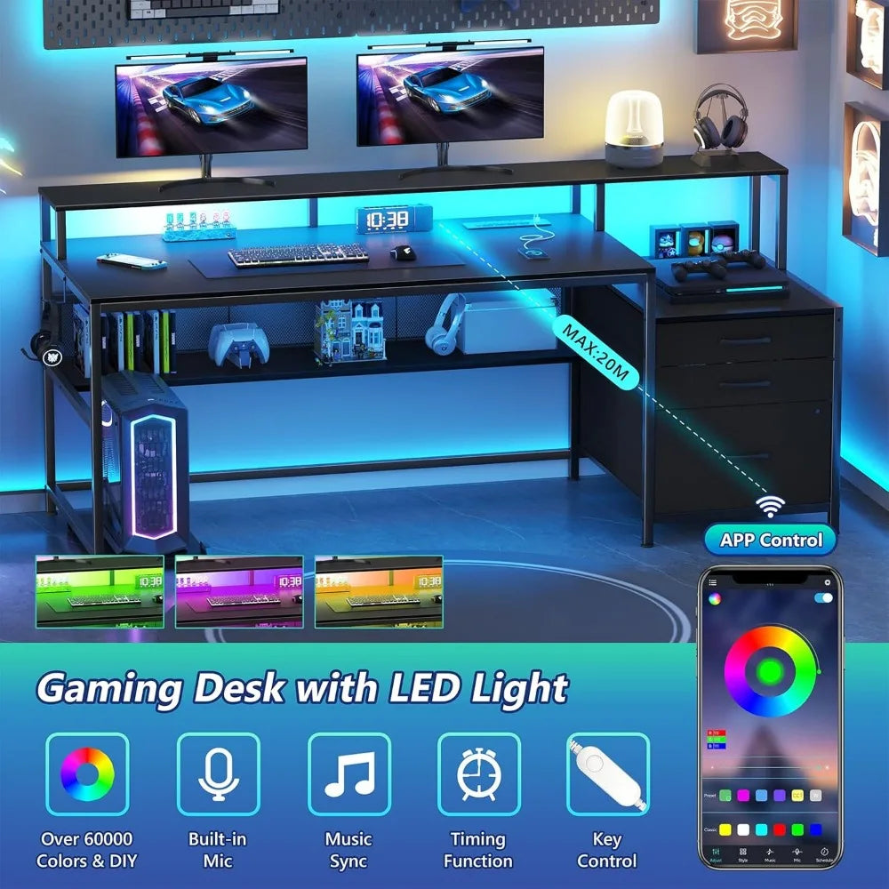 66" Computer Desk with LED Lights & Power Outlets – Home Office Desk with 3 Drawers, Storage Shelf & Gaming Desk