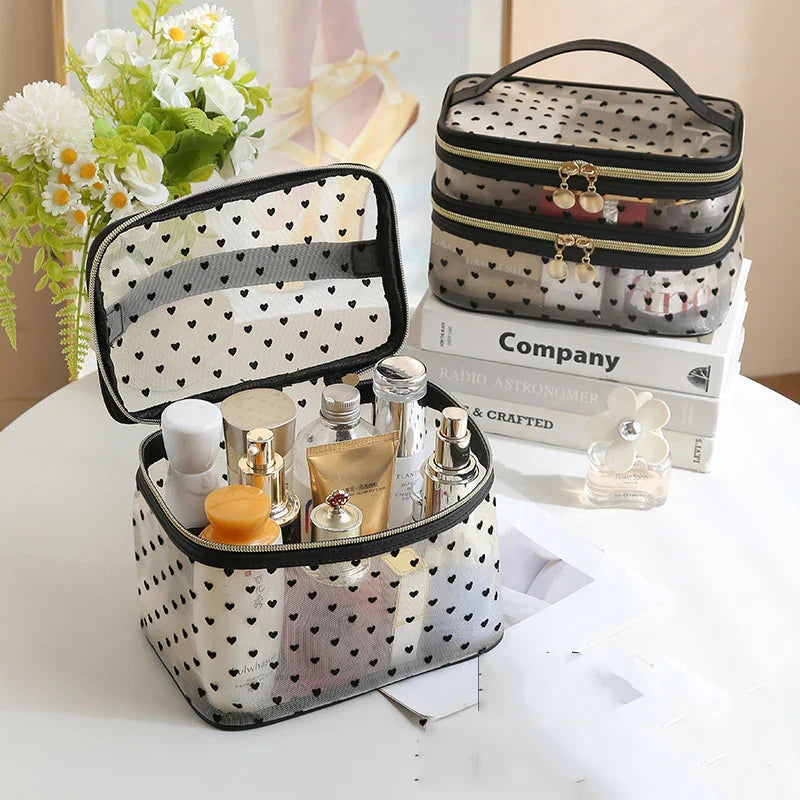 Double-Layer Black Mesh Cosmetic Bag – Large Capacity Travel Makeup Case Organizer with Zipper Toiletry Pouch
