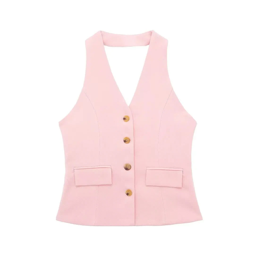 TRAFZA Women’s 2-Piece Set — Sleeveless Halter Vest Top with High-Waist Wide Leg Pants & Zipper Pockets