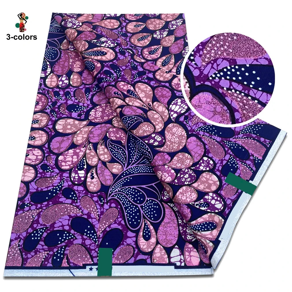 African Glitter Glam Wax Fabric - 100% Cotton Golden Ankara Print 6 Yards
