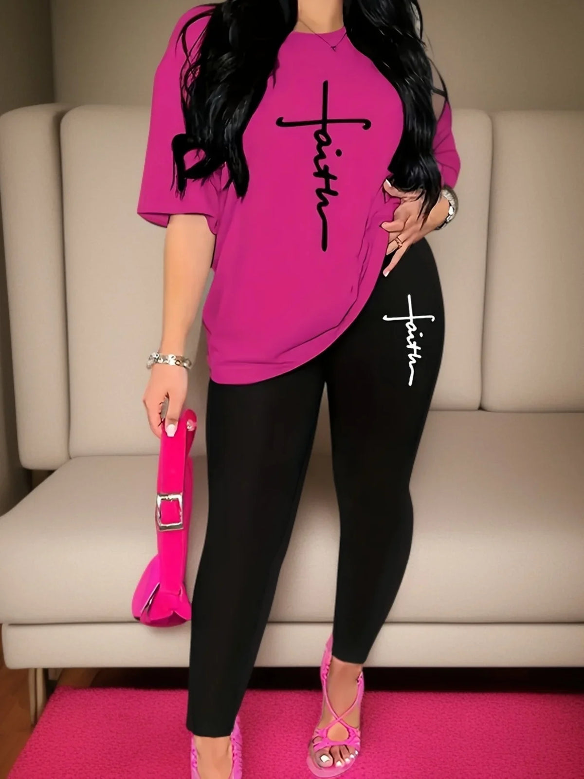 Women’s Plus Size Sports Outfit Set – Abstract Print Long Sleeve T-Shirt Top & Stretch Comfy Fitness Pants Set