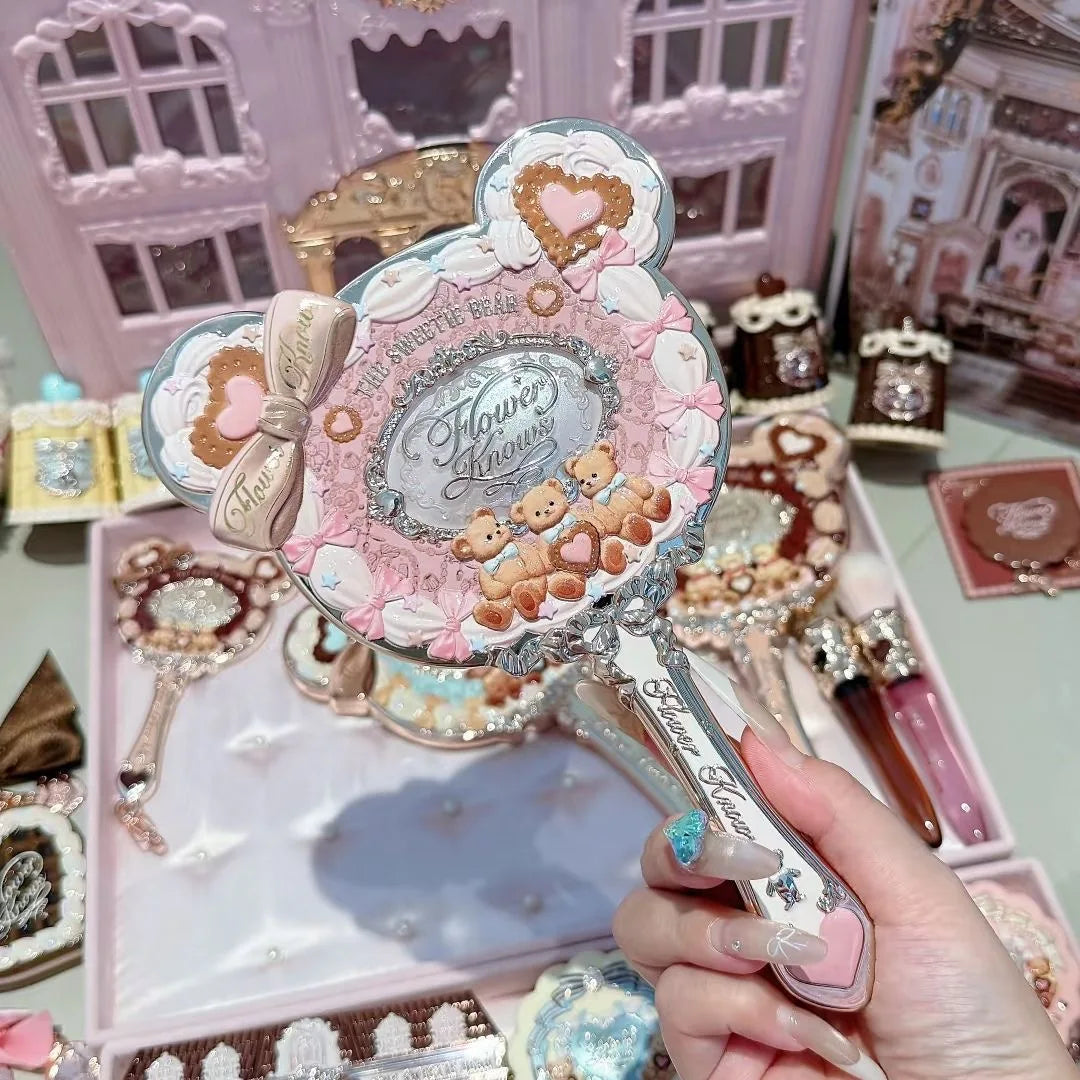 Flower Knows Sweetie Bear Handheld Mirror – 3 Styles, Exquisite Relief Design, Cute HD Makeup Tool