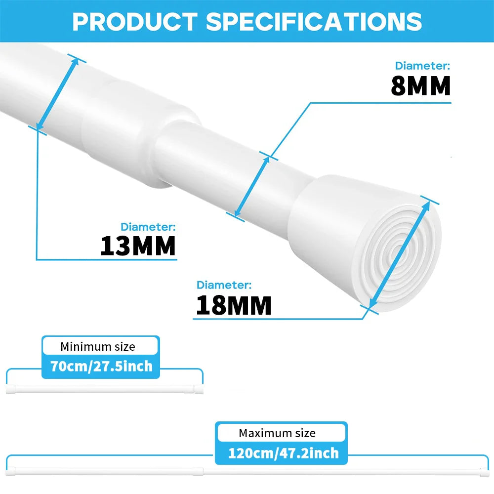 Adjustable Spring Tension Curtain Rods – Durable Extendable Telescopic Poles for Bathroom, Kitchen & Cupboard, No-Drill Installation