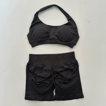 2PCS Seamless Yoga Workout Set – Scrunch Shorts & Halter Sports Bra Gym Fitness Outfit