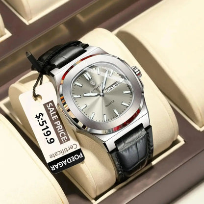 POEDAGAR Luxury Men’s Square Quartz Watch – Luminous Waterproof Leather Strap with Week Calendar