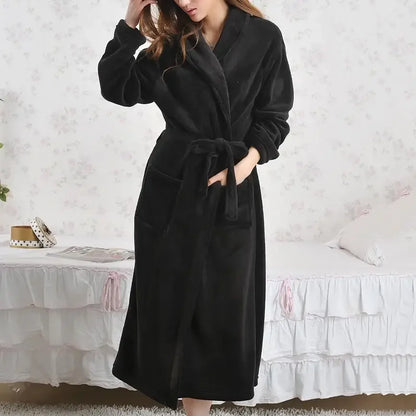 Coral Fleece Long Robe Kimono – Warm Flannel Winter Bathrobe, Casual Sleepwear & Homewear