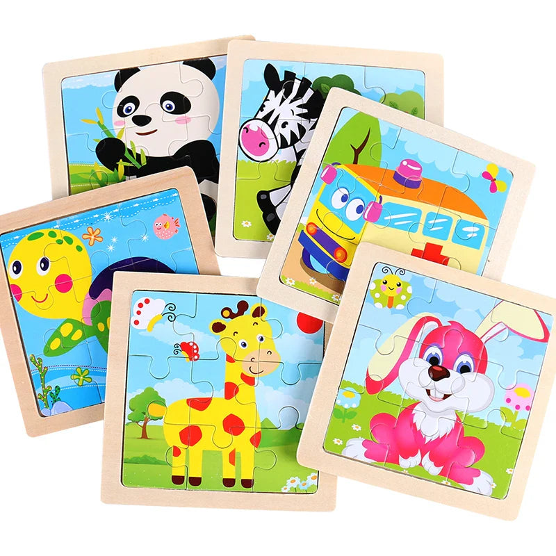 11cm Kids Wooden Jigsaw Puzzle – Cartoon Animal & Vehicle Montessori Educational Toys