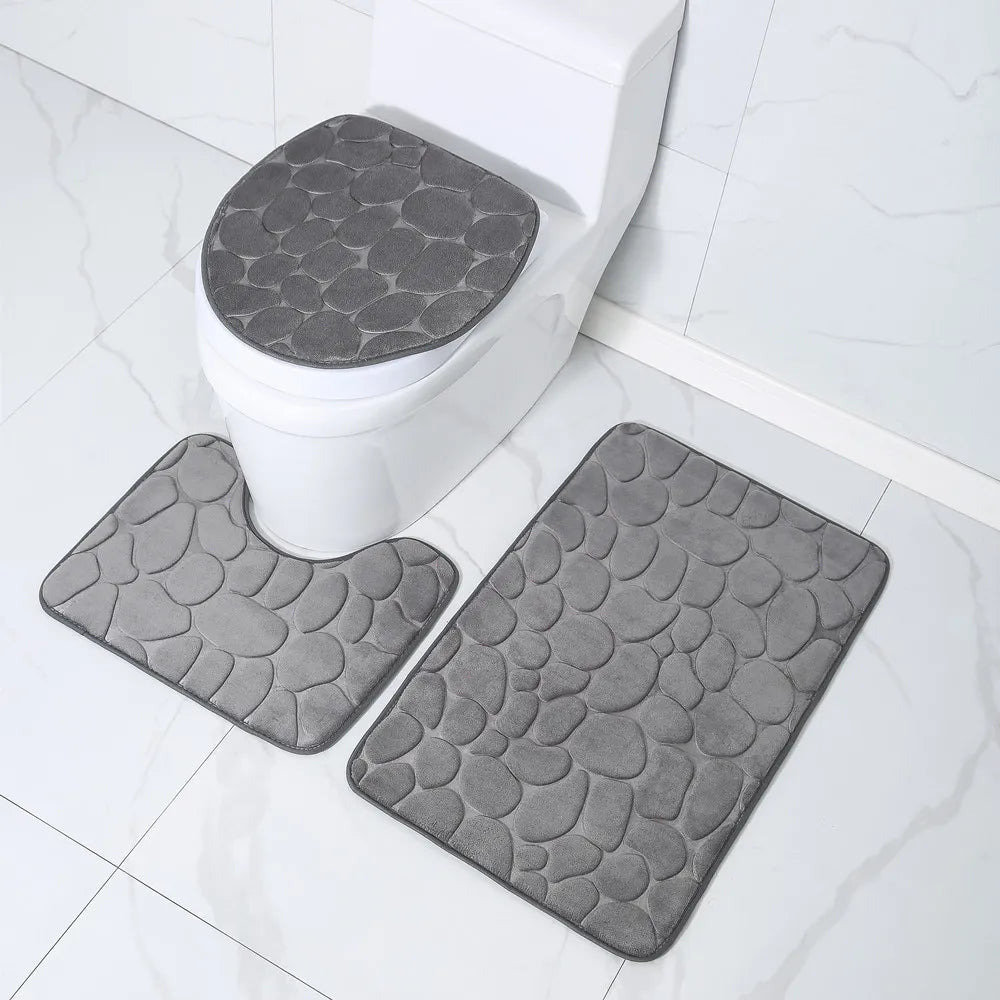 Toilet Seat Cover 3Pcs Set: Anti-Slip Bath Mat & Absorbent Rug - Enhance Bathroom Decor with Pebbles Bathtub Design, Shower Room Floor Carpet