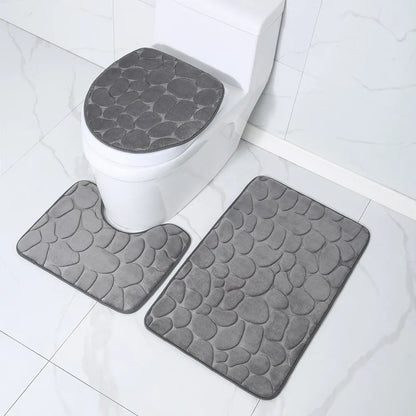 Toilet Seat Cover 3Pcs Set: Anti-Slip Bath Mat & Absorbent Rug - Enhance Bathroom Decor with Pebbles Bathtub Design, Shower Room Floor Carpet