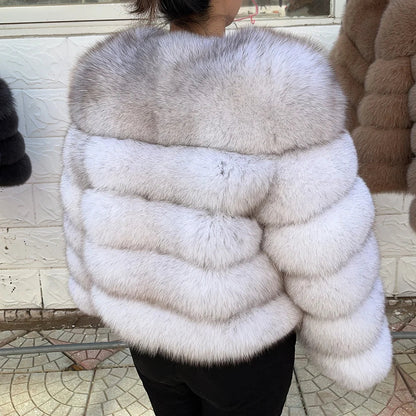 QUEENTINA Women’s Real Fox Fur Coat – Brown Leather & Skin Winter Fashion Outerwear 2025