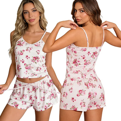 2Pcs Women’s Satin Pajama Set - Sexy Strap Vest Top & Shorts Nightwear Lingerie Sleepwear Outfit