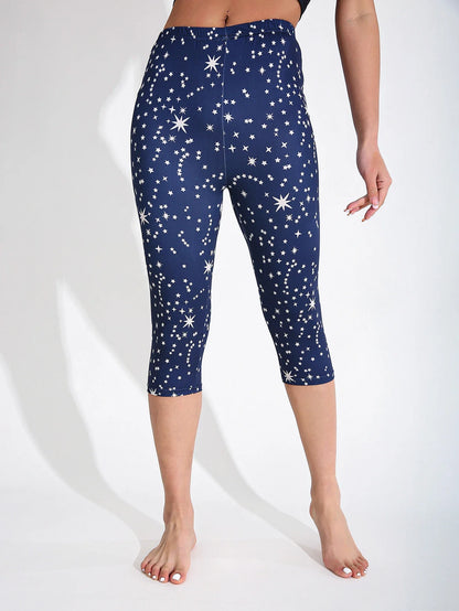 Women Starry Print High Elasticity Capri Leggings, Slim Fit Yoga Pants for Spring Summer Fitness & Active Wear
