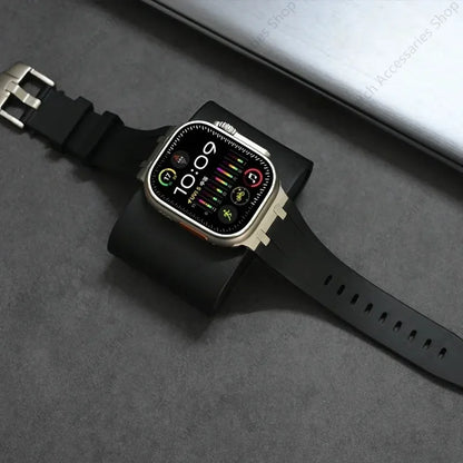 Titanium Color Metal Head Silicone Band for Apple Watch Ultra 2 – 49mm, 45/44/42mm Rubber Strap for iWatch Series 9, 8, 7, 6, 5, 4, SE, 3