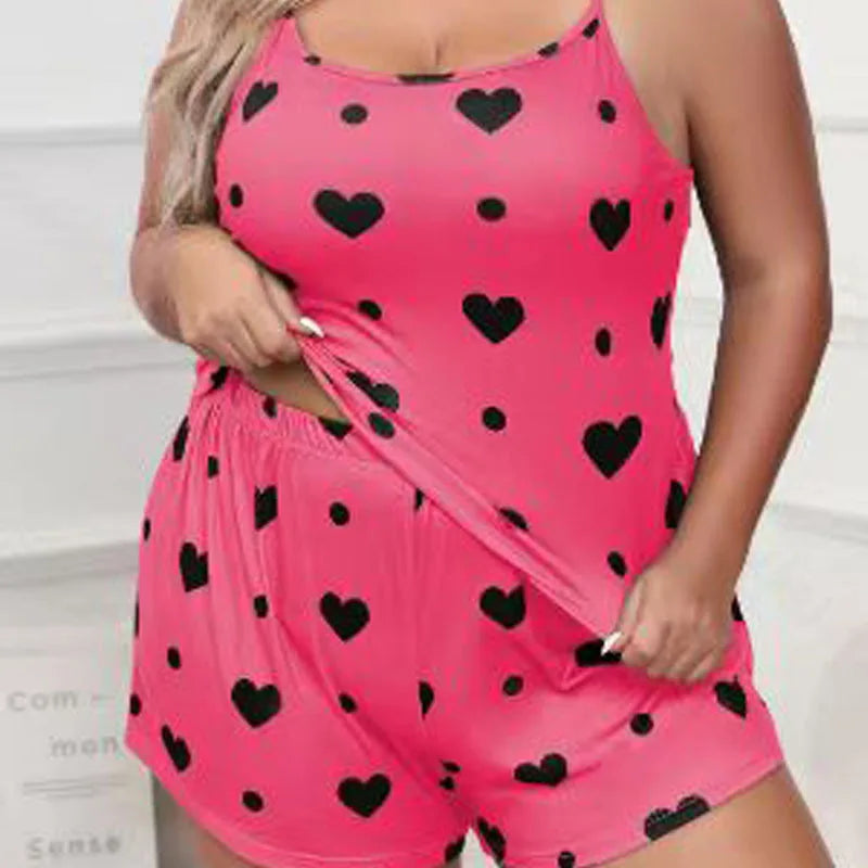 Plus Size Women’s Pajama Set — Sleeveless Heart Print Top & Elastic Waist Shorts, XL–XXXL Sleepwear Nightwear