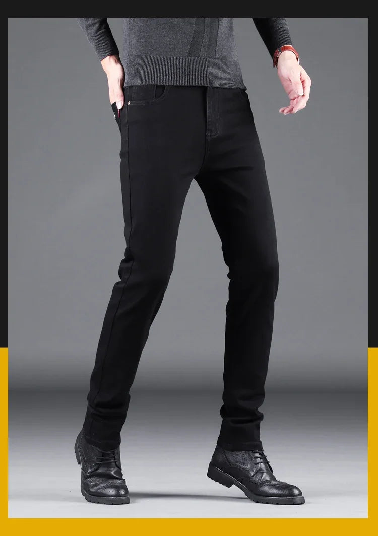 Men’s Spring Autumn Slim Black Jeans — Elastic Straight Korean Vintage Denim Pants for Business & Casual Wear