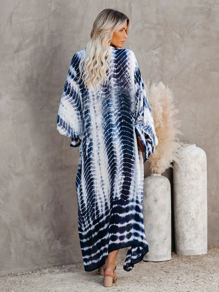 Tie-Dye Bikini Cover Up Kimono – Bohemian Beach Swimsuit Cape Pareo Dress with Belted Wrap Style Summer Swimwear Cover-Up